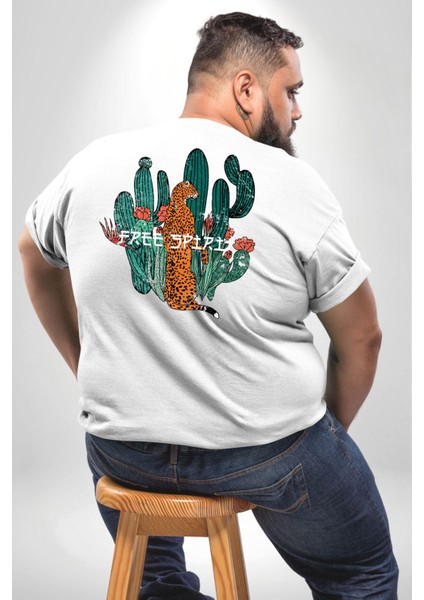 Kaktüs Çita Büyük Beden Beyaz Tişört Kadın Erkek Ünisex Sırt Baskılı