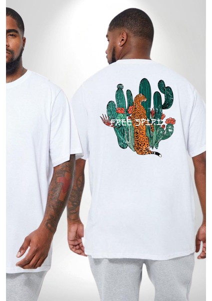 Kaktüs Çita Büyük Beden Beyaz Tişört Kadın Erkek Ünisex Sırt Baskılı fiyatları
