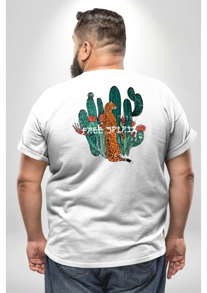 Kaktüs Çita Büyük Beden Beyaz Tişört Kadın Erkek Ünisex Sırt Baskılı fırsatları