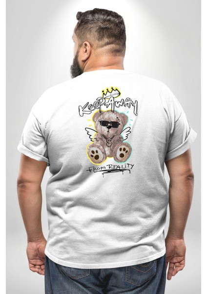 Gerçeklikten Uzak Tutun Büyük Beden Beyaz Tişört Kadın Erkek Ünisex Sırt Baskılı fırsatları