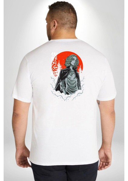 Tokyo Revengers Mikey Red Moon Büyük Beden Beyaz Tişört Kadın Erkek Ünisex Sırt Baskılı