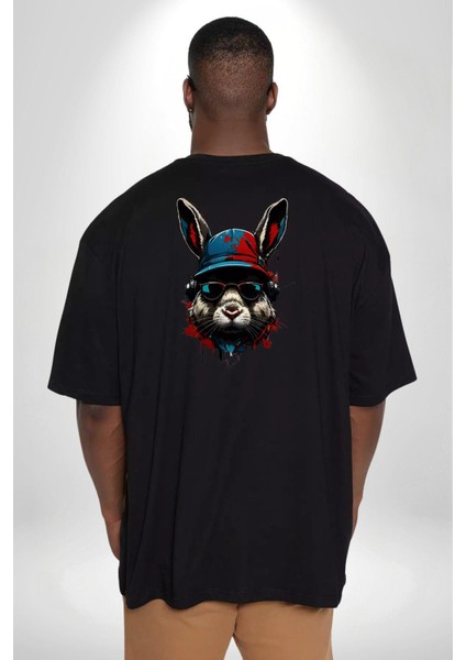 Müzik Şapka Gözlük Takan Tavşan Büyük Beden Siyah Tişört Kadın Erkek Ünisex Sırt Baskılı