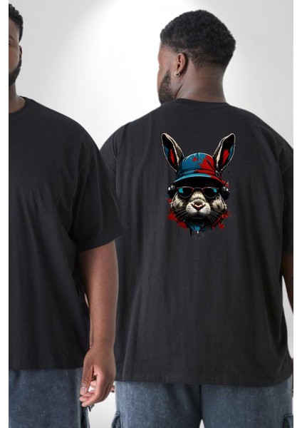Müzik Şapka Gözlük Takan Tavşan Büyük Beden Siyah Tişört Kadın Erkek Ünisex Sırt Baskılı fiyatları