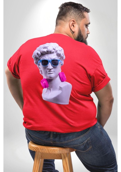Kulaklık Gözlük Pop Art Heykel Büyük Beden Kırmızı Tişört Kadın Erkek Ünisex Sırt Baskılı
