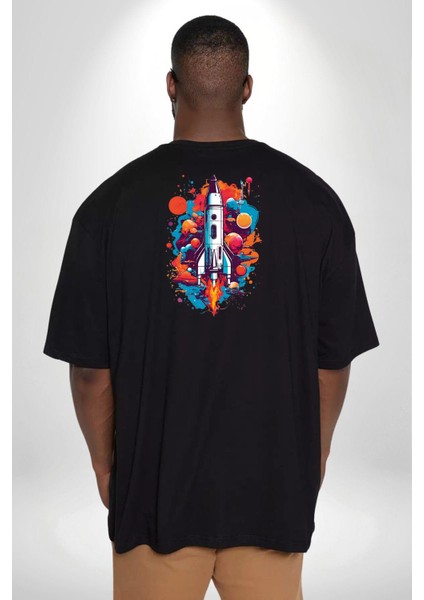 Uzay Aracı Roket Büyük Beden Siyah Tişört Kadın Erkek Ünisex Sırt Baskılı