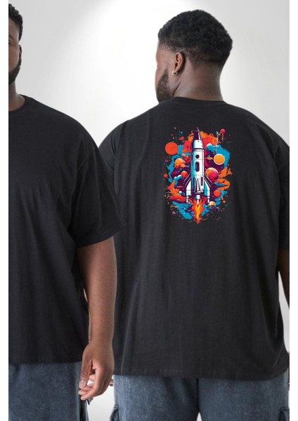 Uzay Aracı Roket Büyük Beden Siyah Tişört Kadın Erkek Ünisex Sırt Baskılı fiyatları