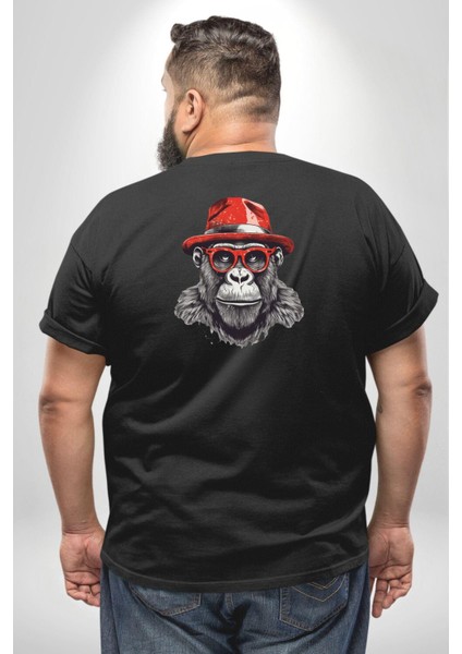 Siyah Şapkalı Gözlüklü Maymun Büyük Beden Siyah Tişört Kadın Erkek Ünisex Sırt Baskılı