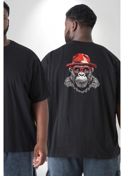 Siyah Şapkalı Gözlüklü Maymun Büyük Beden Siyah Tişört Kadın Erkek Ünisex Sırt Baskılı fiyatları