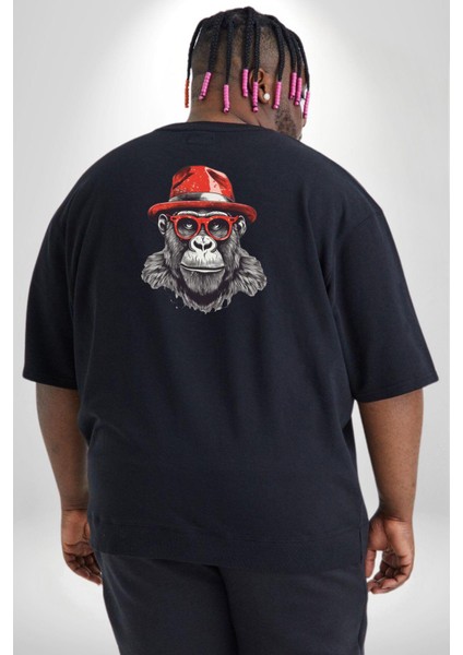 Siyah Şapkalı Gözlüklü Maymun Büyük Beden Siyah Tişört Kadın Erkek Ünisex Sırt Baskılı fırsatları