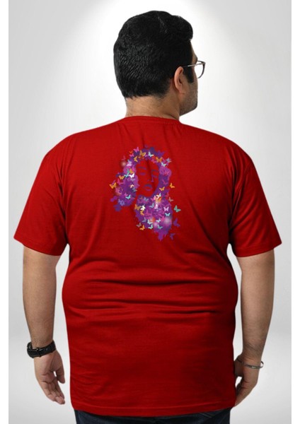 Kelebekler Kanser Günü Ve Kadınlar Günü Büyük Beden Kırmızı Tişört Kadın Erkek Ünisex Sırt Baskılı