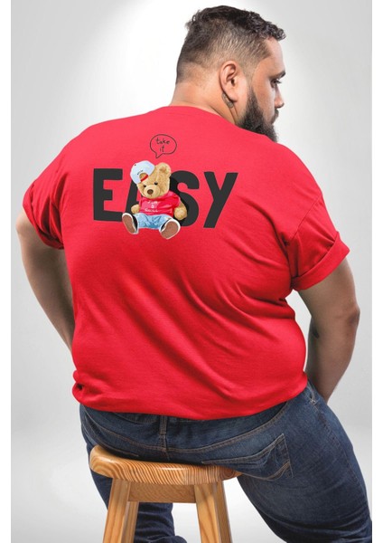 Teddy Boşver Tasarımı Büyük Beden Kırmızı Tişört Kadın Erkek Ünisex Sırt Baskılı