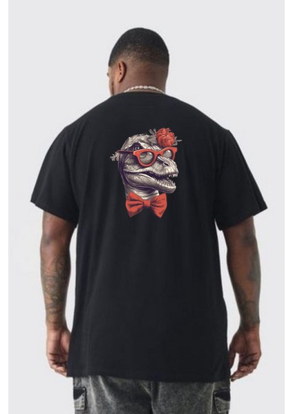 Siyah Gözlük Papyon Dinazor Büyük Beden Siyah Tişört Kadın Erkek Ünisex Sırt Baskılı