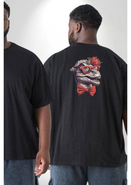 Siyah Gözlük Papyon Dinazor Büyük Beden Siyah Tişört Kadın Erkek Ünisex Sırt Baskılı fiyatları