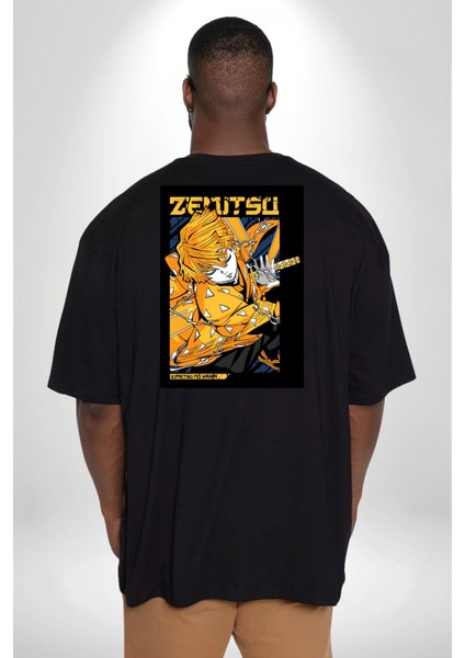 Zenitsu Agatsuma Anime Büyük Beden Siyah Tişört Kadın Erkek Ünisex Sırt Baskılı