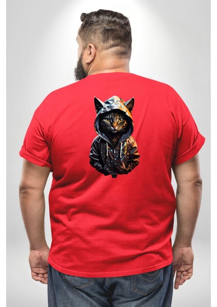 Hip Hop Gençlik Kedi Çeket Büyük Beden Kırmızı Tişört Kadın Erkek Ünisex Sırt Baskılı fırsatları