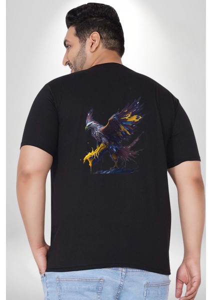 Kara Kartal Sulu Boya Büyük Beden Siyah Tişört Kadın Erkek Ünisex Sırt Baskılı fırsatları