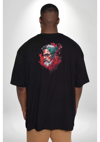 Santa Cool Gözlüklü Büyük Beden Siyah Tişört Kadın Erkek Ünisex Sırt Baskılı