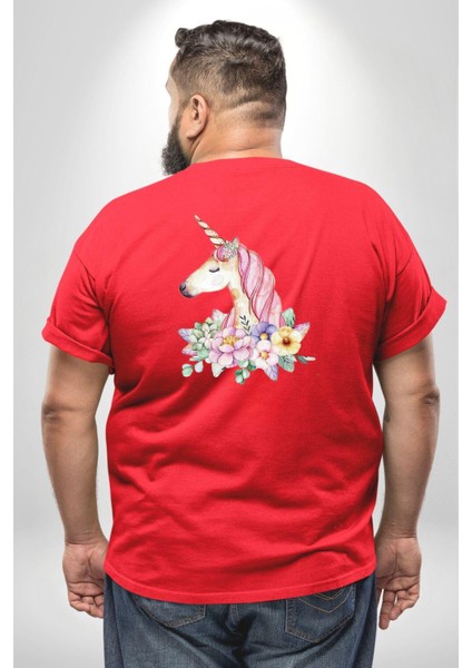 Unicorn Çiçek Büyük Beden Kırmızı Tişört Kadın Erkek Ünisex Sırt Baskılı