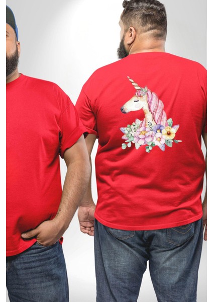 Unicorn Çiçek Büyük Beden Kırmızı Tişört Kadın Erkek Ünisex Sırt Baskılı fiyatları