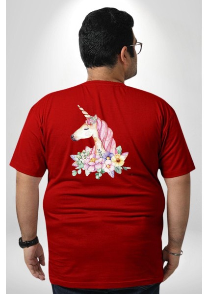 Unicorn Çiçek Büyük Beden Kırmızı Tişört Kadın Erkek Ünisex Sırt Baskılı fırsatları