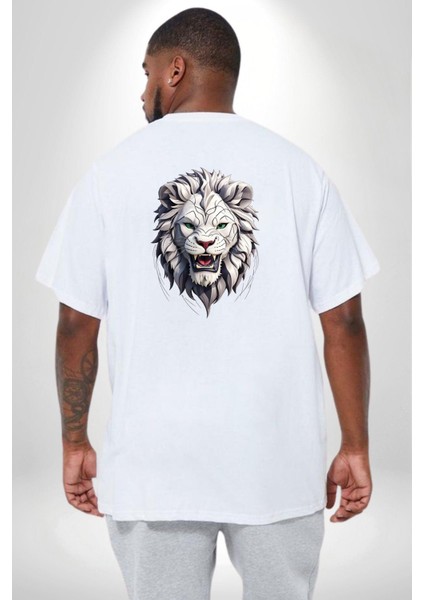 Beyaz Kaplan Kükreme Büyük Beden Beyaz Tişört Kadın Erkek Ünisex Sırt Baskılı