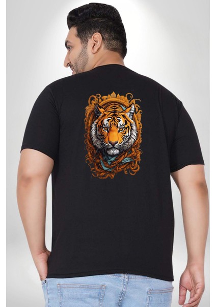 Kaplan Süs Büyük Beden Siyah Tişört Kadın Erkek Ünisex Sırt Baskılı