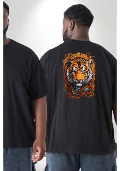 Kaplan Süs Büyük Beden Siyah Tişört Kadın Erkek Ünisex Sırt Baskılı fiyatları