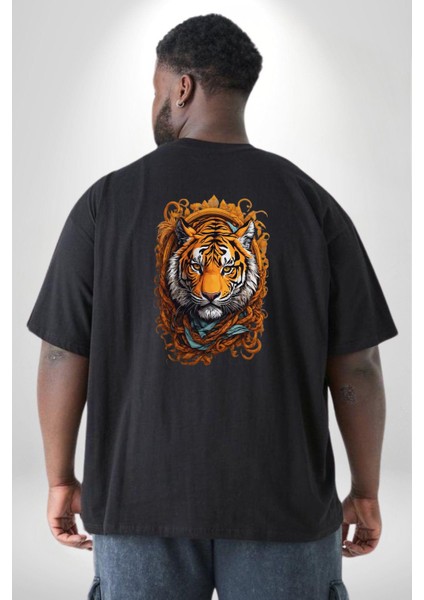 Kaplan Süs Büyük Beden Siyah Tişört Kadın Erkek Ünisex Sırt Baskılı fırsatları