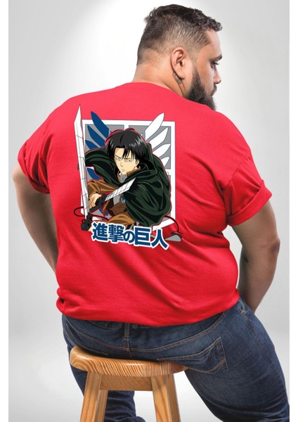Anime Levi Ackerman Beyaz Ve Kırmızı Kanatlar Büyük Beden Kırmızı Tişört Kadın Erkek Ünisex Sırt Baskılı