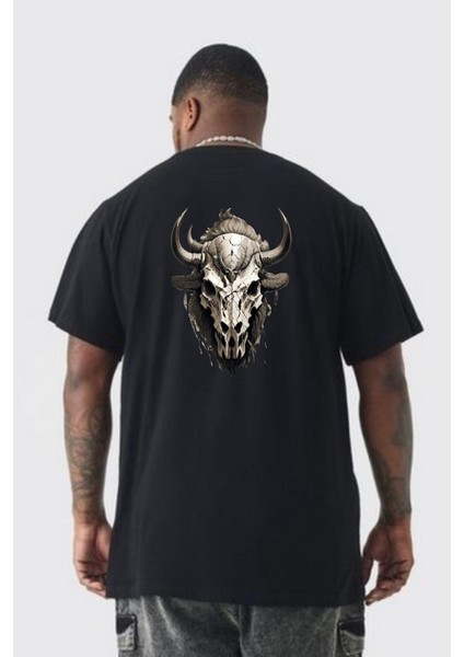 Bizon Inek Kafatası Kurumuş Büyük Beden Siyah Tişört Kadın Erkek Ünisex Sırt Baskılı