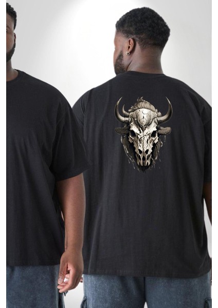 Bizon Inek Kafatası Kurumuş Büyük Beden Siyah Tişört Kadın Erkek Ünisex Sırt Baskılı fiyatları