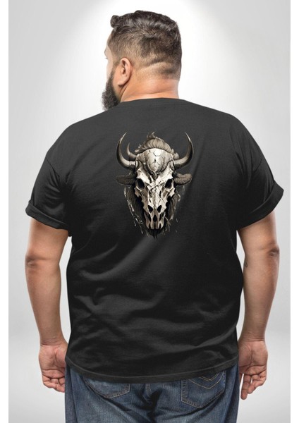 Bizon Inek Kafatası Kurumuş Büyük Beden Siyah Tişört Kadın Erkek Ünisex Sırt Baskılı fırsatları