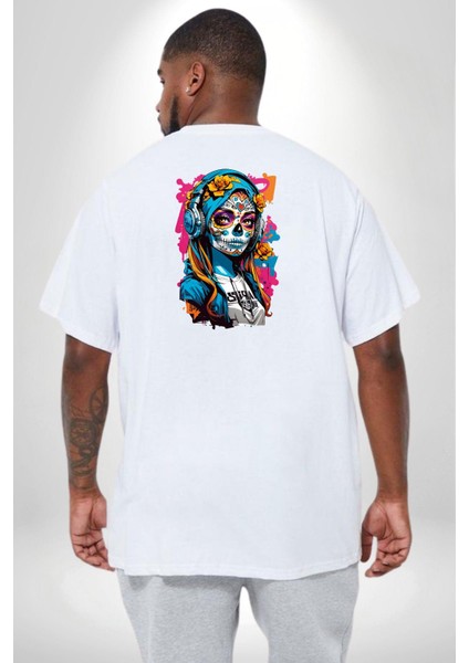 Kulaklık Müzik Dinleyen Kız Büyük Beden Beyaz Tişört Kadın Erkek Ünisex Sırt Baskılı fırsatları