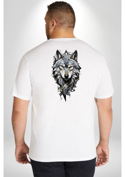 Beyaz Kurt Büyük Beden Beyaz Tişört Kadın Erkek Ünisex Sırt Baskılı