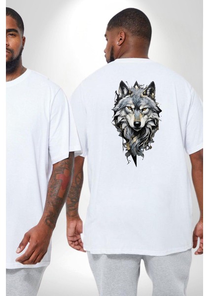 Beyaz Kurt Büyük Beden Beyaz Tişört Kadın Erkek Ünisex Sırt Baskılı fiyatları