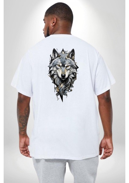 Beyaz Kurt Büyük Beden Beyaz Tişört Kadın Erkek Ünisex Sırt Baskılı fırsatları