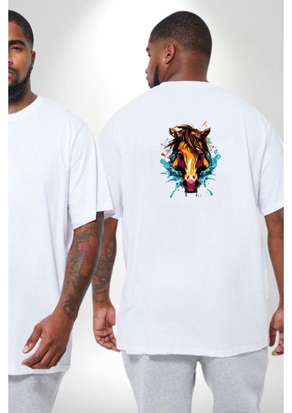 At Kafası Renkli Büyük Beden Beyaz Tişört Kadın Erkek Ünisex Sırt Baskılı fiyatları