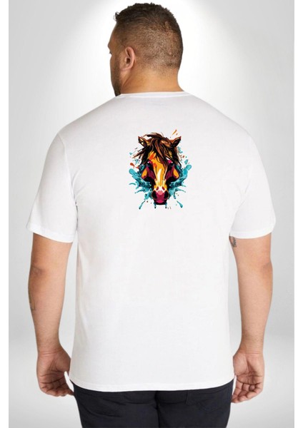 At Kafası Renkli Büyük Beden Beyaz Tişört Kadın Erkek Ünisex Sırt Baskılı fırsatları