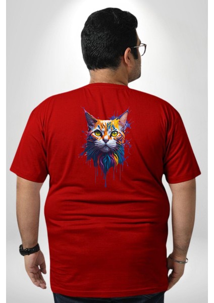 Şimşek Yağmur Kedi Büyük Beden Kırmızı Tişört Kadın Erkek Ünisex Sırt Baskılı