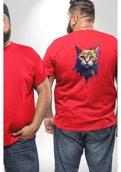 Şimşek Yağmur Kedi Büyük Beden Kırmızı Tişört Kadın Erkek Ünisex Sırt Baskılı fiyatları