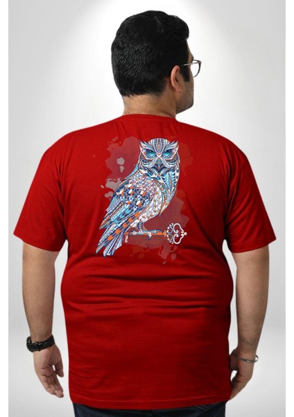 Anahtar Baykuş Tuval Büyük Beden Kırmızı Tişört Kadın Erkek Ünisex Sırt Baskılı