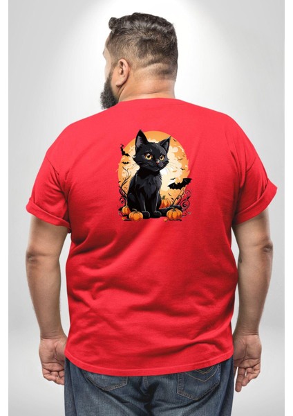 Cadılar Bayramı Kedi Büyük Beden Kırmızı Tişört Kadın Erkek Ünisex Sırt Baskılı