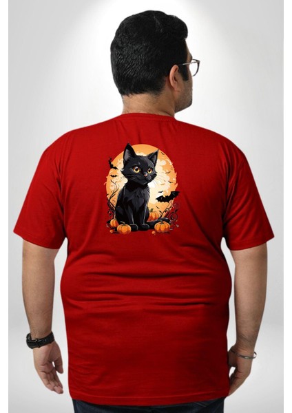Cadılar Bayramı Kedi Büyük Beden Kırmızı Tişört Kadın Erkek Ünisex Sırt Baskılı fırsatları