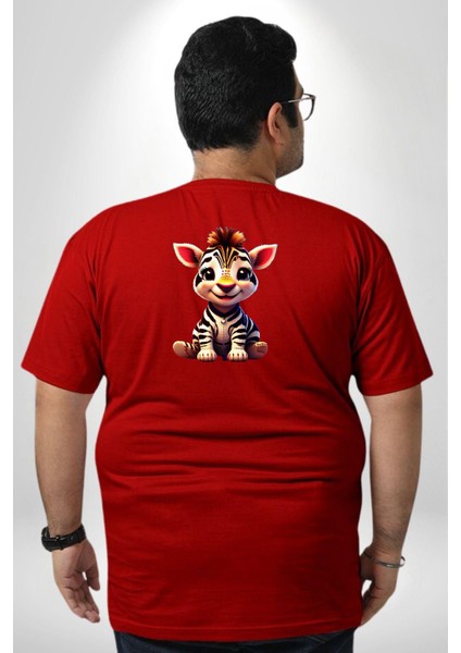 Sevimli Yavru Zebra Büyük Beden Kırmızı Tişört Kadın Erkek Ünisex Sırt Baskılı