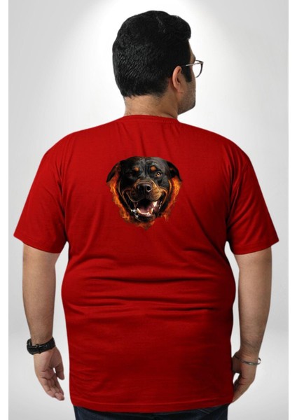 Rottweiler Ateşli Kafası Koca Kafa Büyük Beden Kırmızı Tişört Kadın Erkek Ünisex Sırt Baskılı
