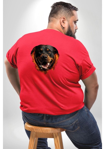 Rottweiler Ateşli Kafası Koca Kafa Büyük Beden Kırmızı Tişört Kadın Erkek Ünisex Sırt Baskılı fırsatları