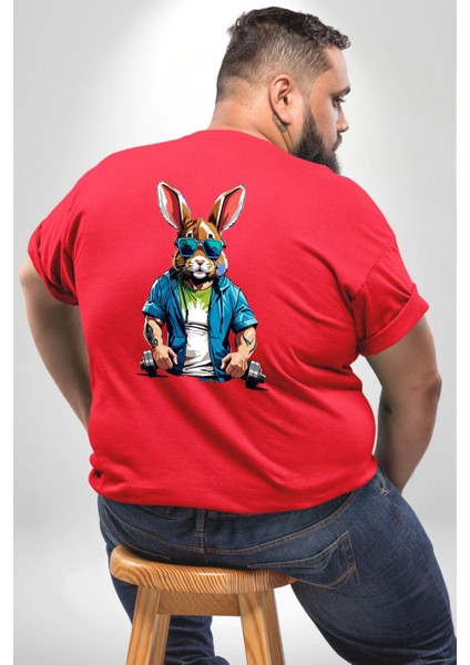 Halter Spor Güneş Gözlüüğü Tavşan Büyük Beden Kırmızı Tişört Kadın Erkek Ünisex Sırt Baskılı