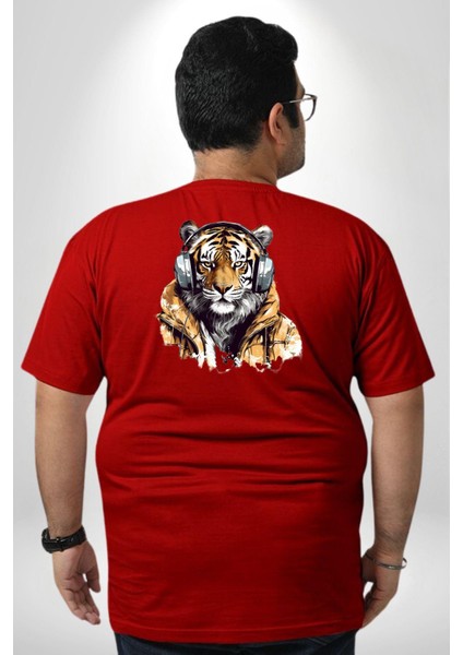 Müzik Dinleyen Kaplan Insan Mont Büyük Beden Kırmızı Tişört Kadın Erkek Ünisex Sırt Baskılı