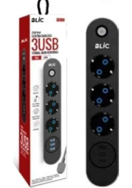 Ftr-01 3 Priz / 3 USB Girişli Termal Akım Korumalı Priz