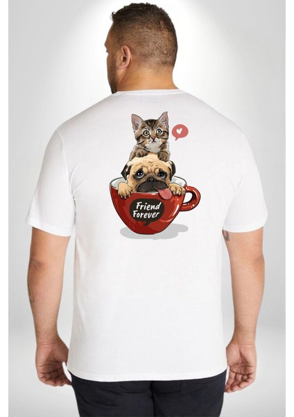 Kedi Ve Köpek Sonsuzadek Arkadaşız Büyük Beden Beyaz Tişört Kadın Erkek Ünisex Sırt Baskılı